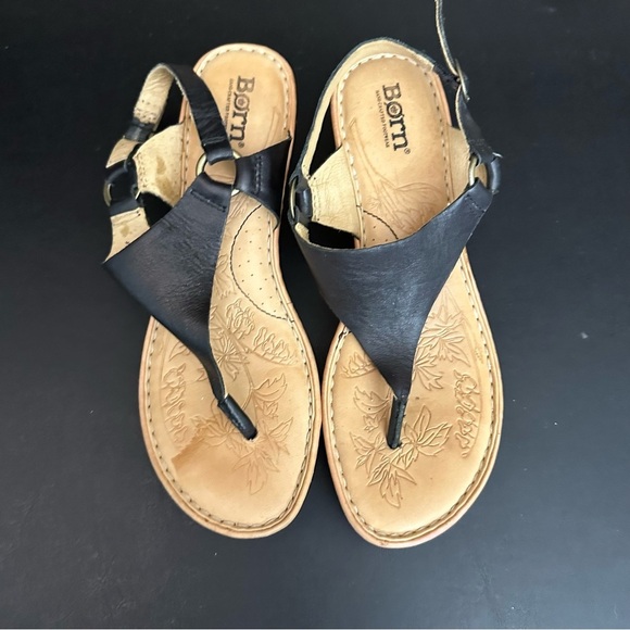 Born Womens Black Leather SlingBack Wedge Sandals Size 8 T-Strap Adjustable - Picture 6 of 12